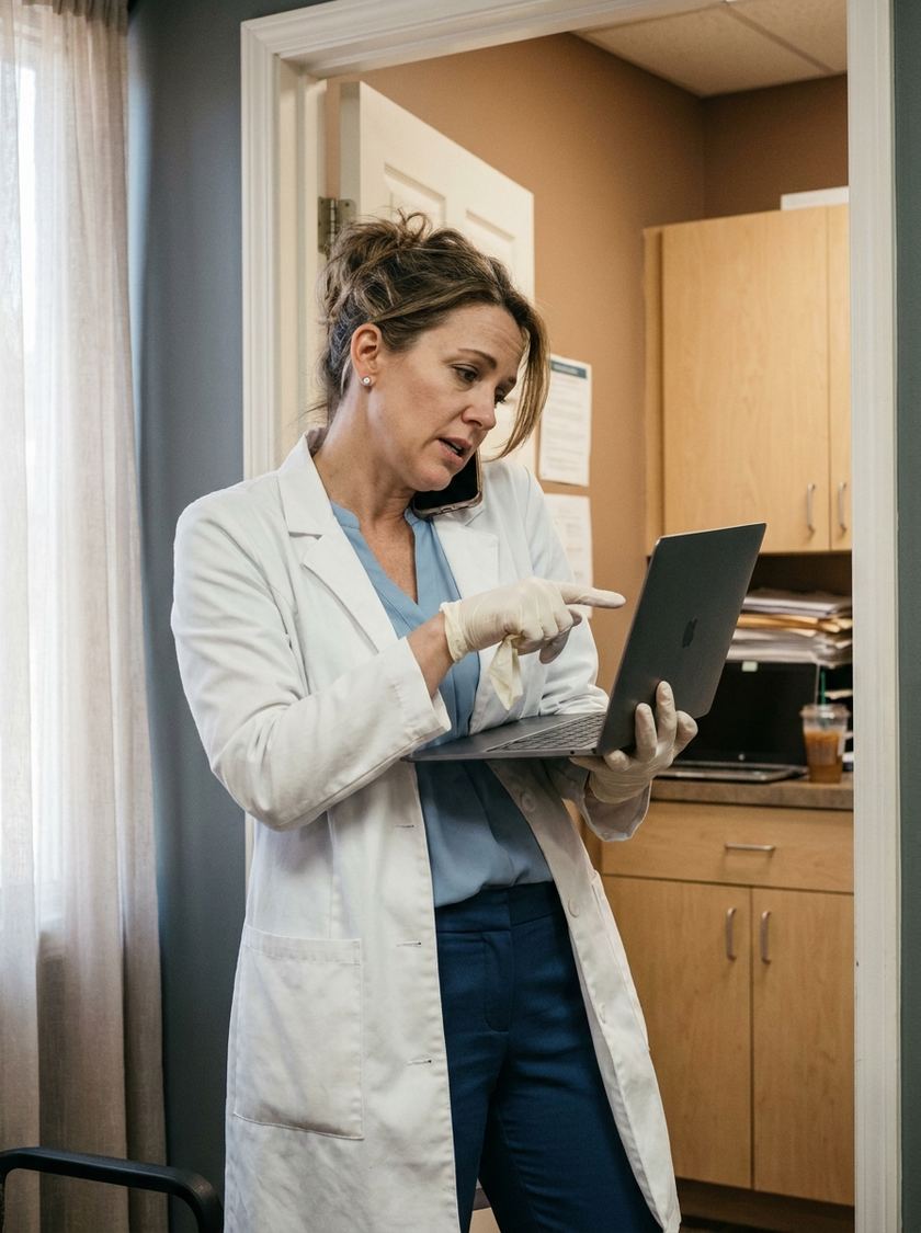 A clinic owner with a phone held to her ear, holding a laptop in one gloved hand and pointing at the screen.