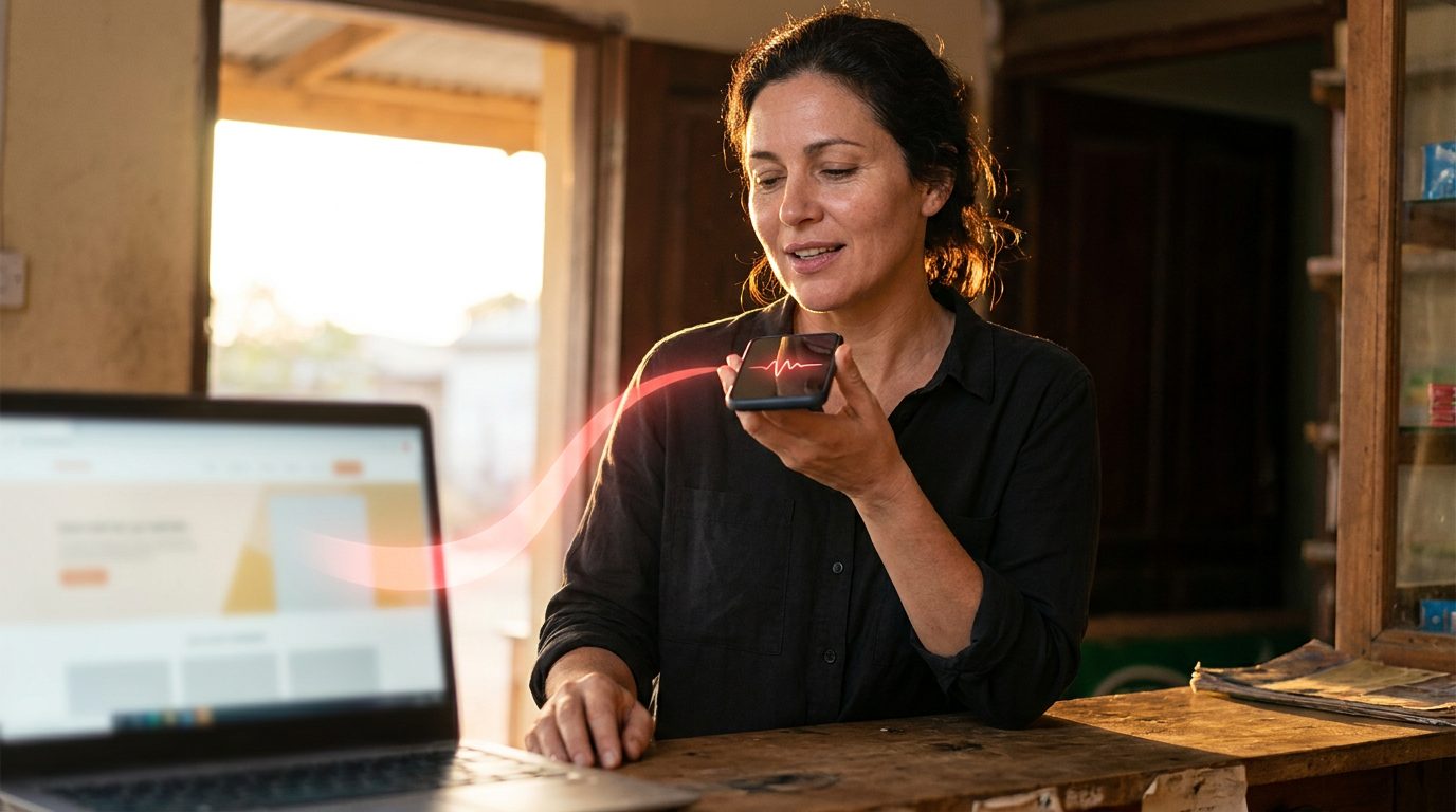 A shop owner speaking into her phone at the counter, with her website open on a laptop beside her
