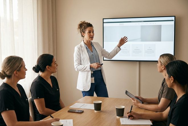 A clinician in a white coat presenting a practice website on a wall screen to her team in scrubs.