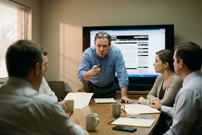 A consultant standing at a screen in a conference room, pointing at a website while colleagues look on.