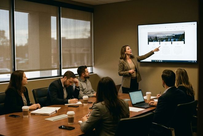 An agent presenting a property website on a large screen to a room of colleagues around a table.