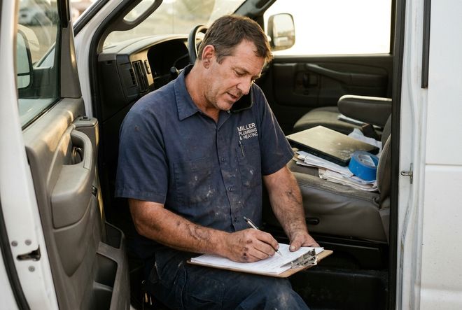 A plumber sitting in the open door of his work van, writing on a clipboard at the end of a job.